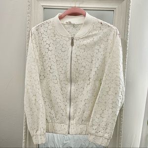 🌷White Lace floral zipper see through long sleeve jacket blazer